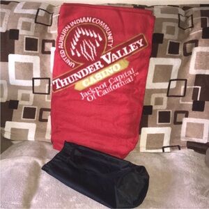 Thunder Valley red white and gold fleece throw blanket in black carry case New